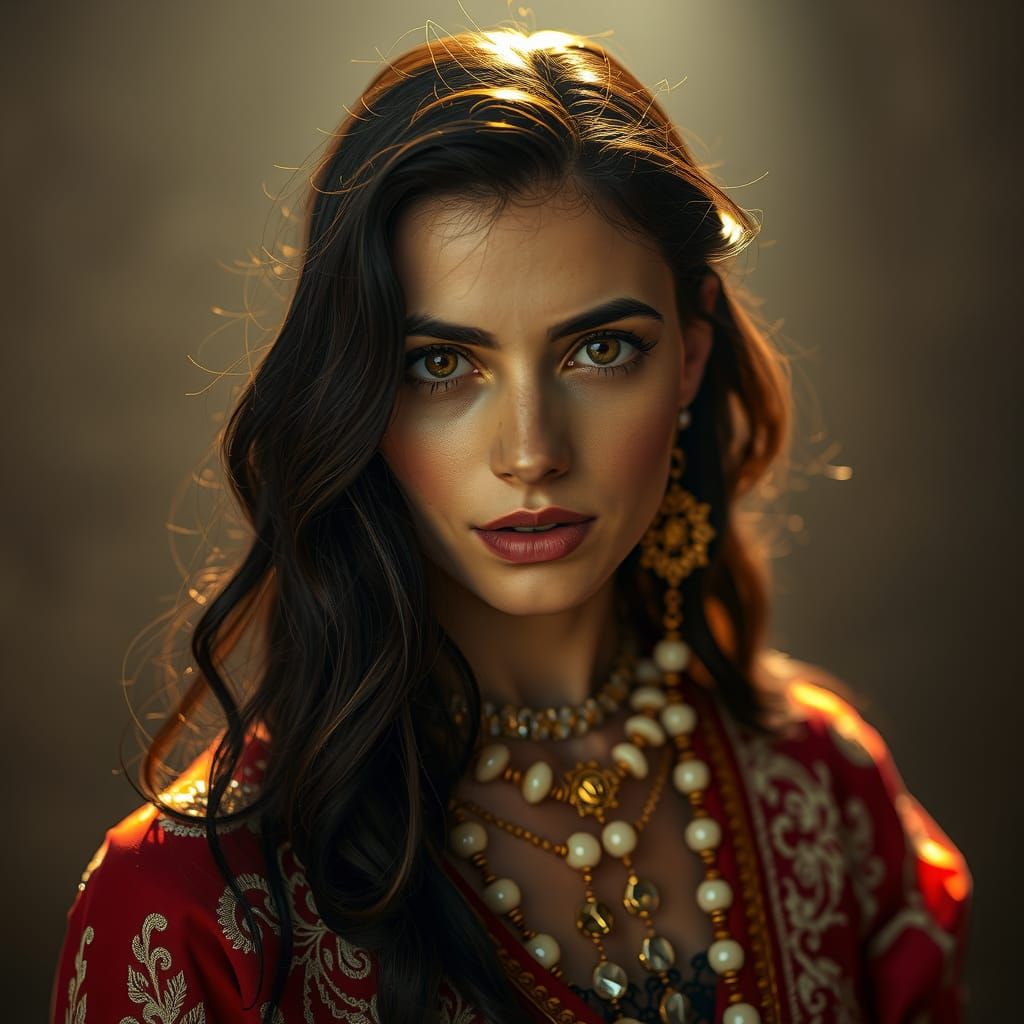 Beautiful Woman in Traditional Dress with Expressive Eyes
