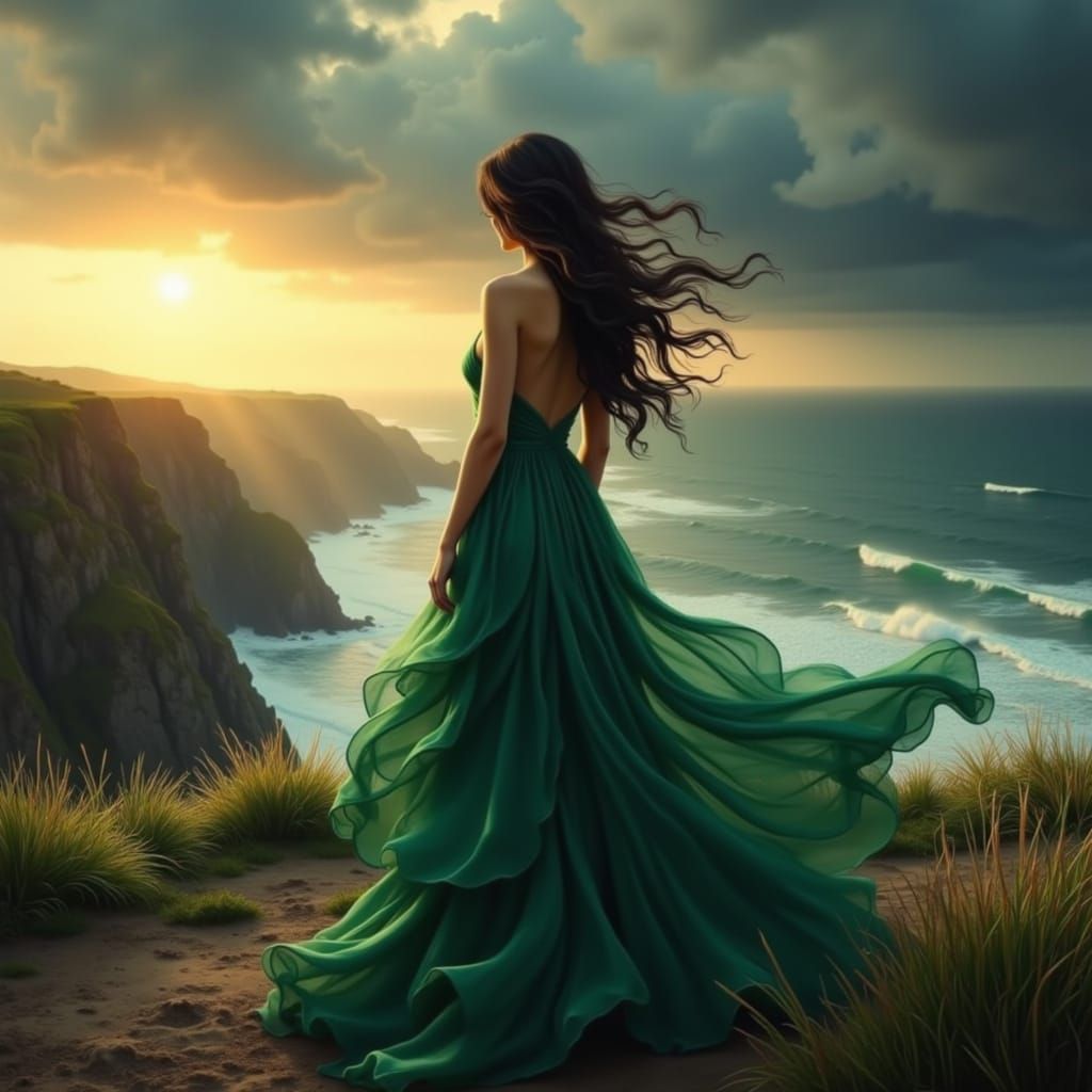 Woman on Cliff Overlooking Stormy Sea at Sunset
