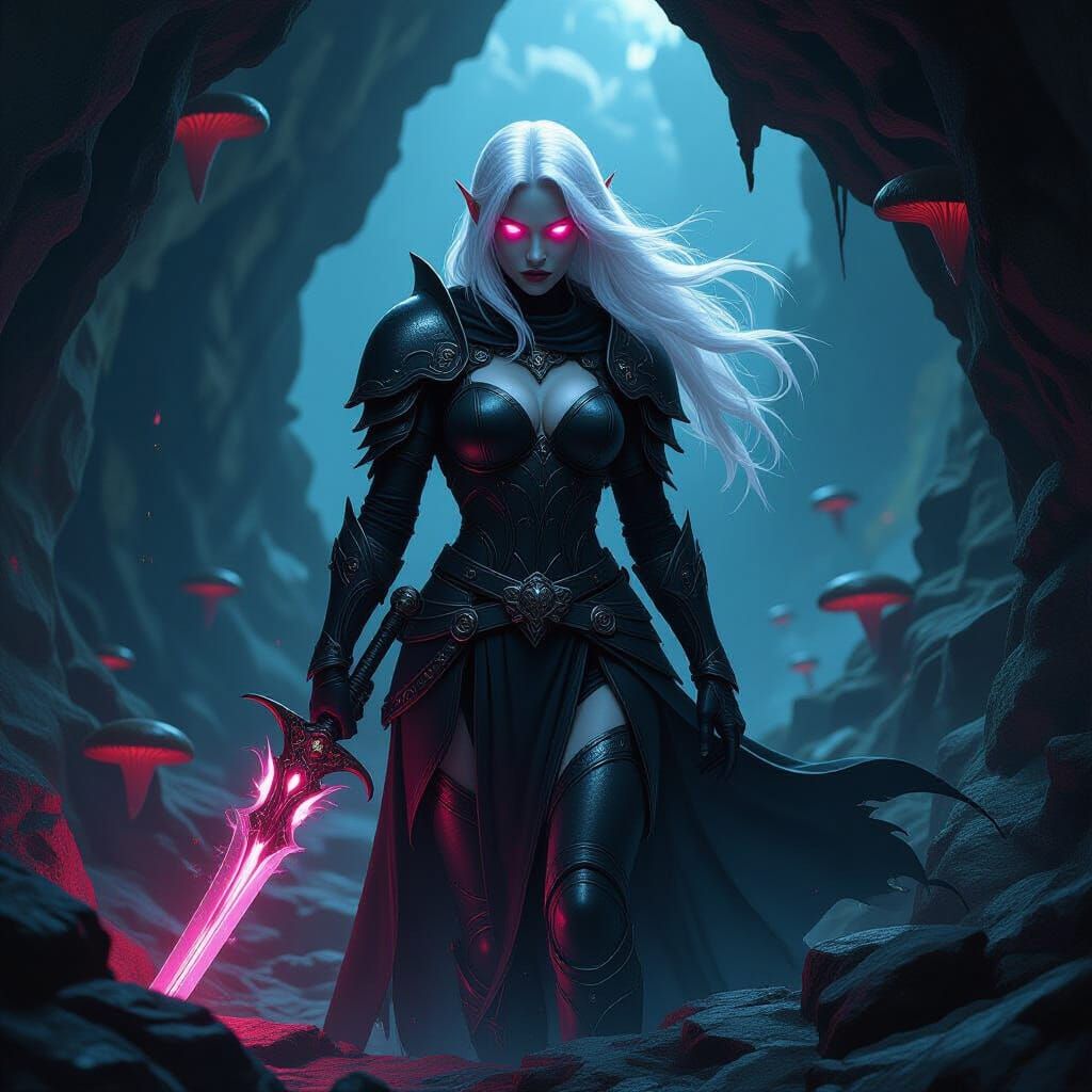 Drow Warrior with Glowing Eyes in Dark Cavern