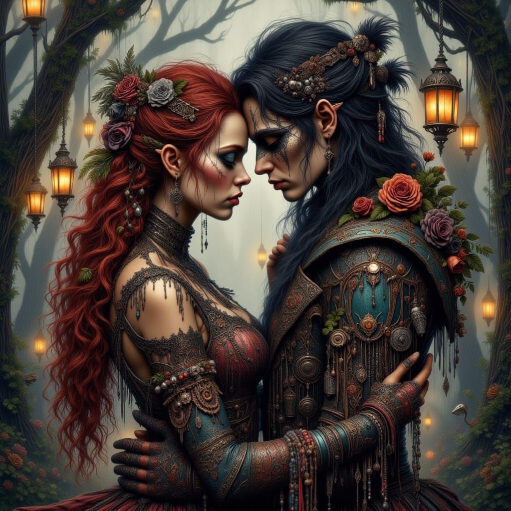 Ethereal Gothic Elven Lovers in Intricate, Filigree-Adorned ...