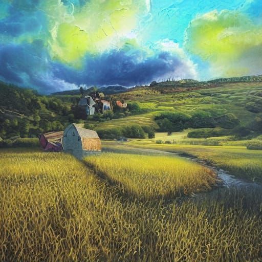 Golden Hour Farm: Fantasy Oil Painting