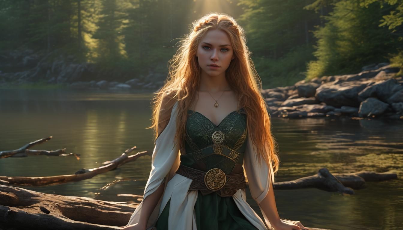 Norse Woman Portrait at Sunset With Eclipse