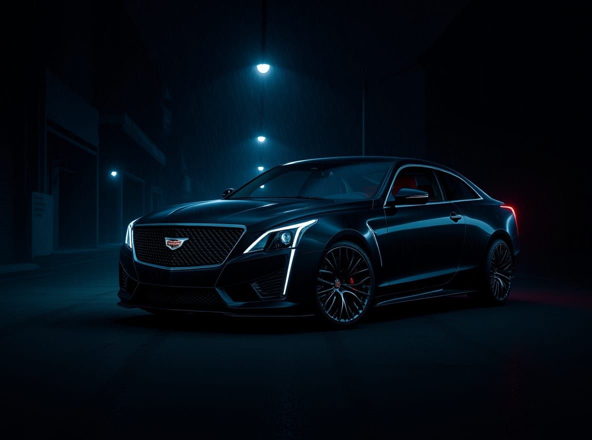 Cadillac on Rain-Soaked Street in Cyberpunk Style