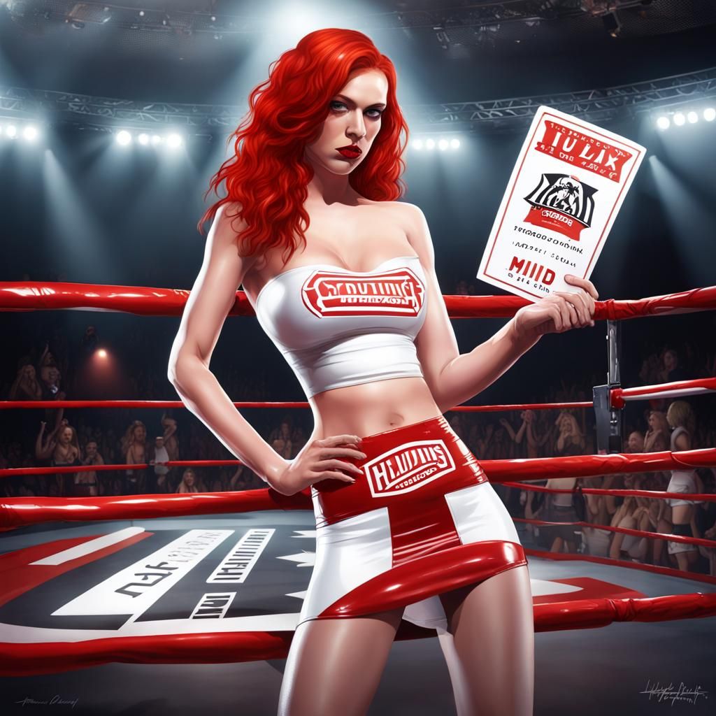 Redhead Ring Girl in Latex Outfit in Boxing Ring