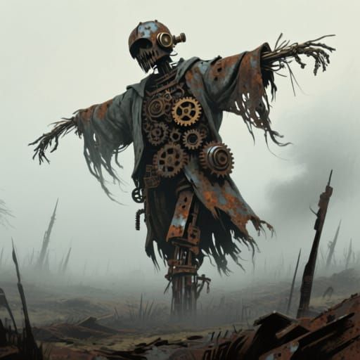 Rusted Metal Scarecrow in Foggy Battlefield Screen Print