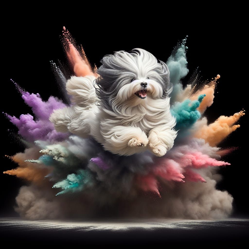 Energetic Coton de Tulear Leaping Through Colorful Dust