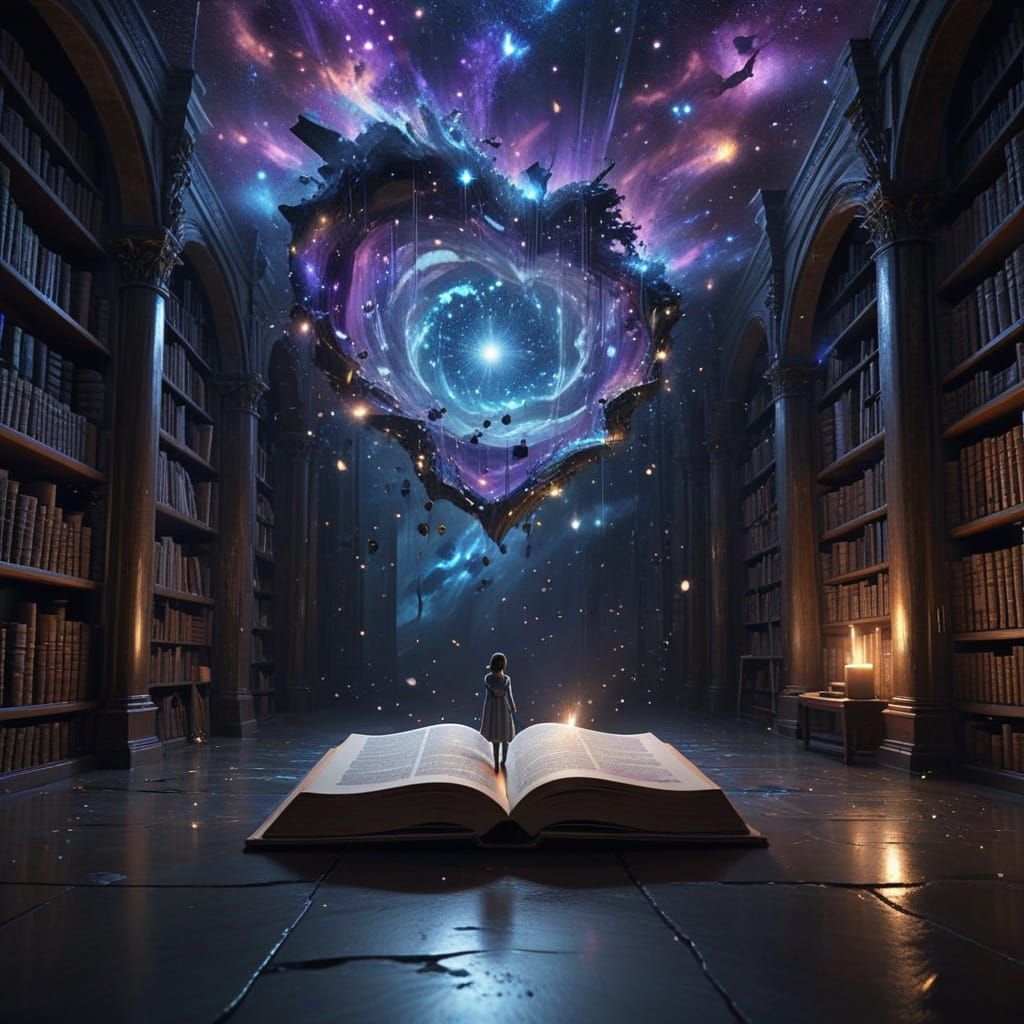 Surreal Digital Painting of Celestial Library in Starry Void