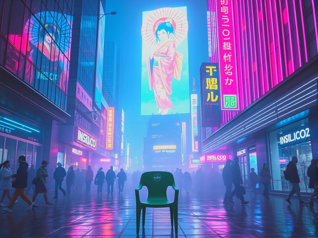 Futuristic Geisha Advertisement in Neon-Lit Cyberpunk City