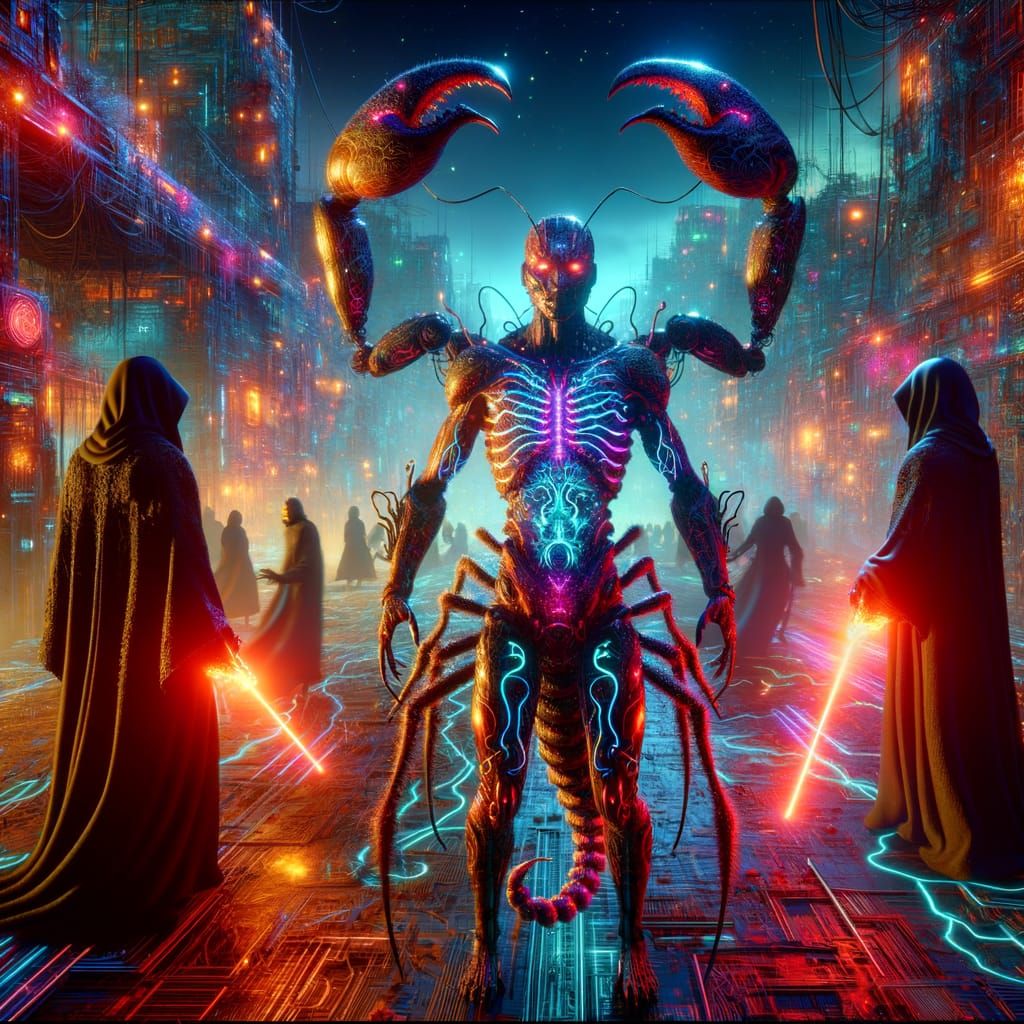 Cyberpunk Hybrid Warrior Engages Foes in Futuristic Metropol...