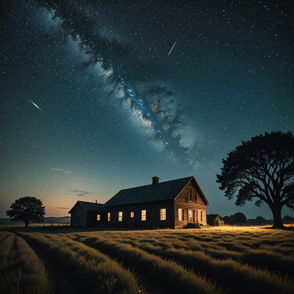 Surreal Farmhouse at Golden Hour Under Starry Universe