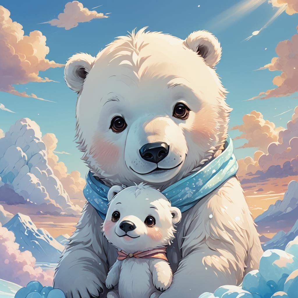 Cute Polar Bear and Penguin in Anime Style