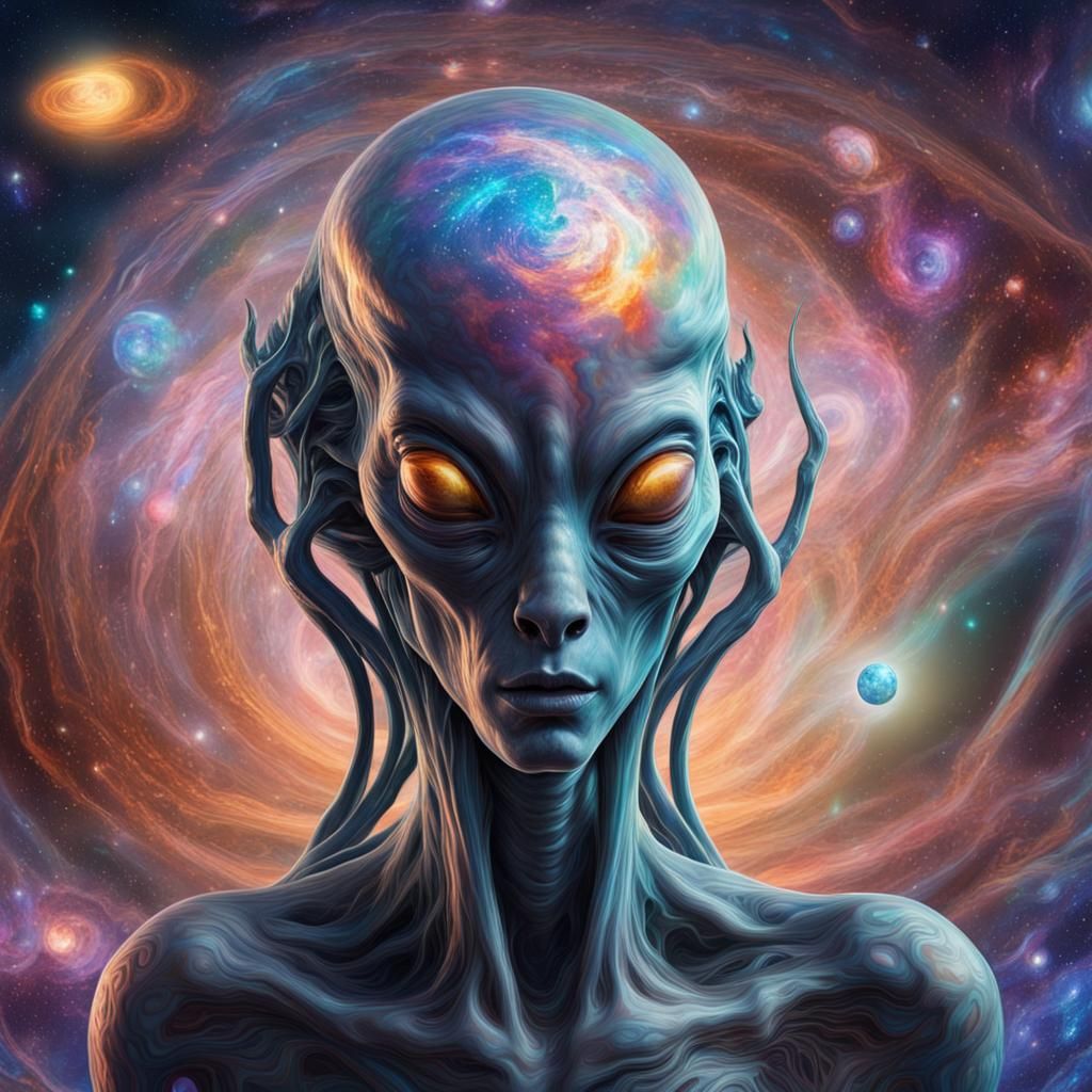 Alien Drifting in Space: Holographic Astral Illustration