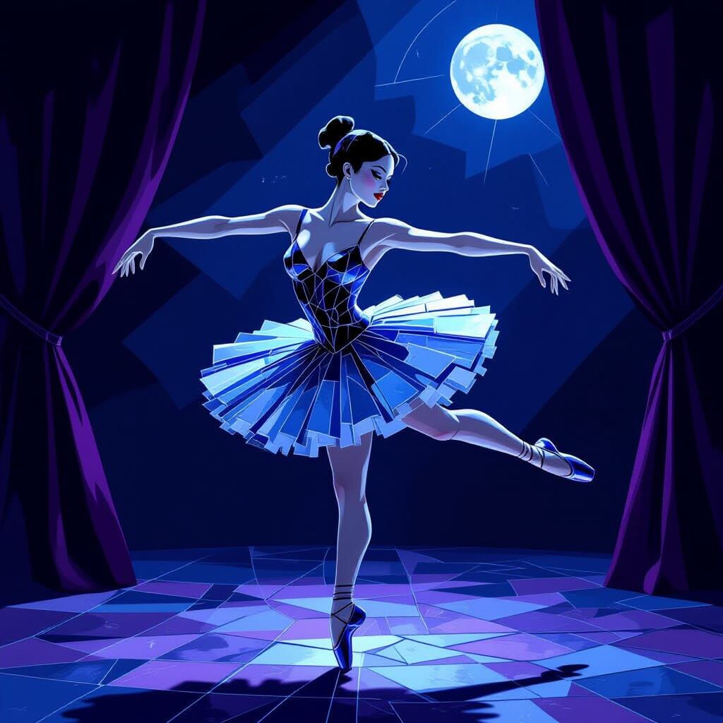 Cubist Glass Dancer in Eerie Moonlight