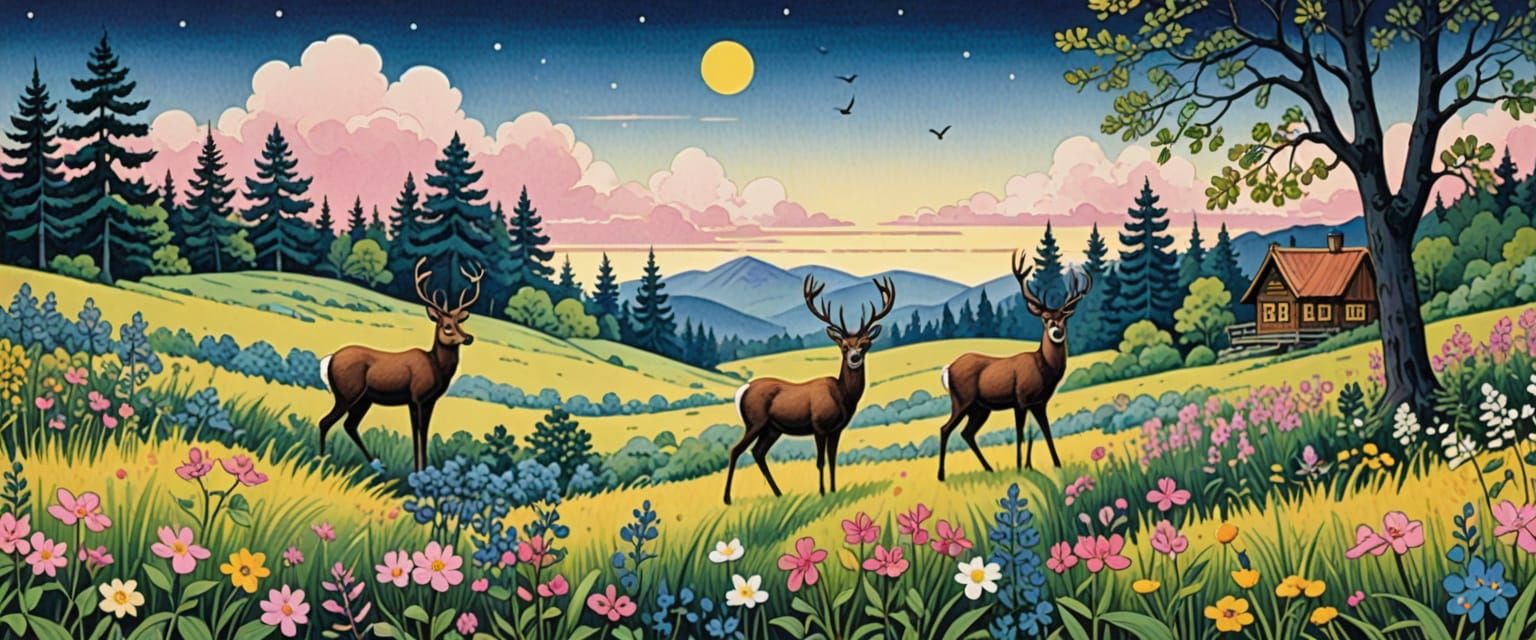 Mystical Forest Clearing in Naive Folk Art Style