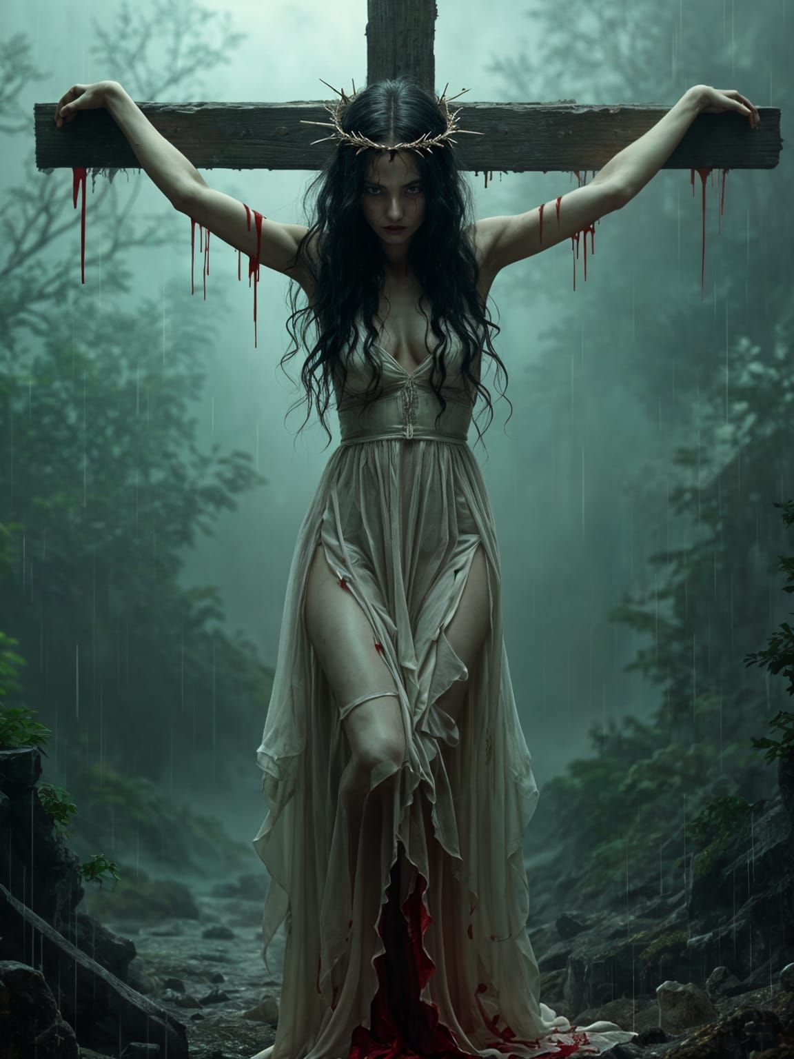 Hyperrealistic Gothic Woman on the Cross in a Dark, Foggy, R...