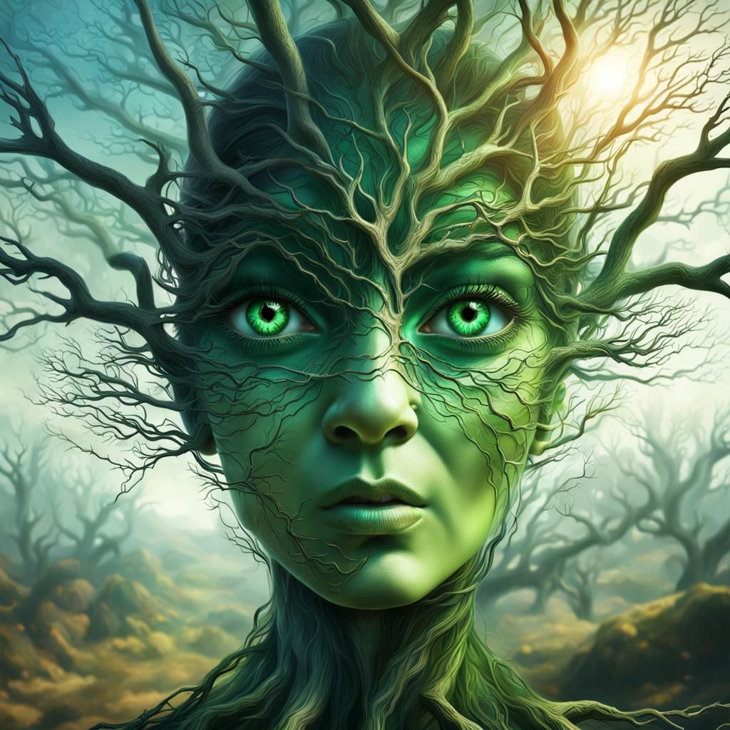 Spectral Green Eyes in Tree Branches Digital Painting