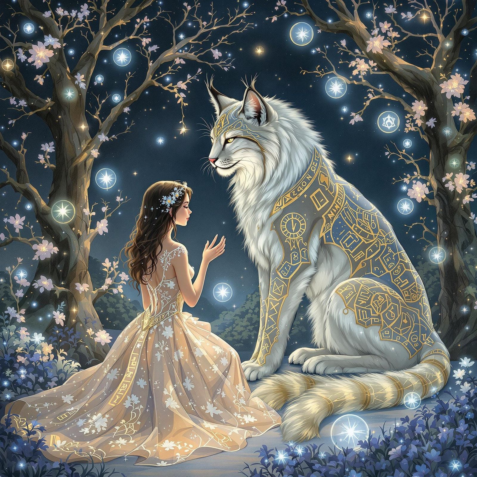 Enchanted Woman and Lynx with Bioluminescent Flora
