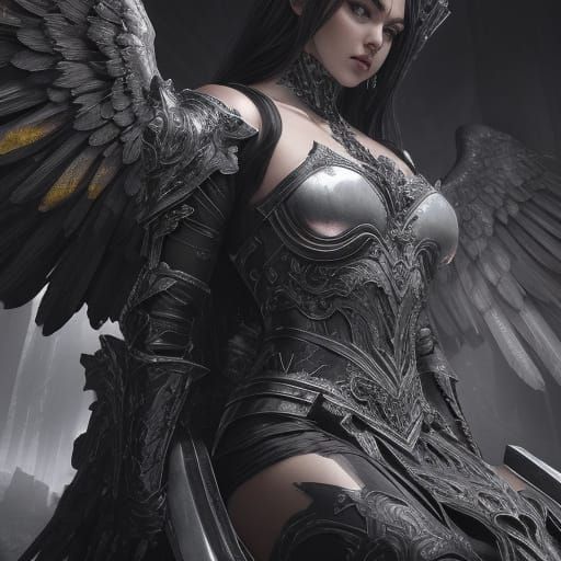 Silver Armored Fallen Angel on Throne in Dark Fantasy Style