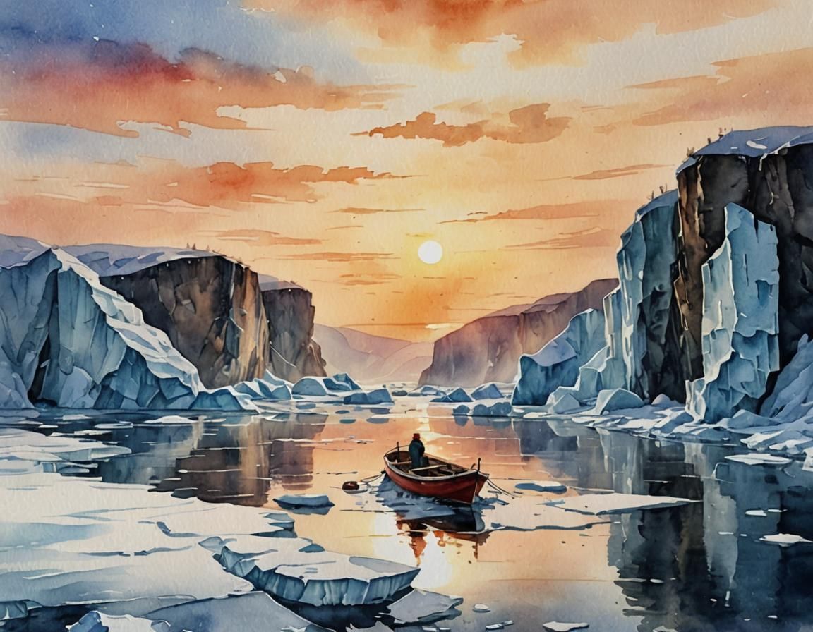 Icy Cliffs Sunset: A Watercolor Boat Scene