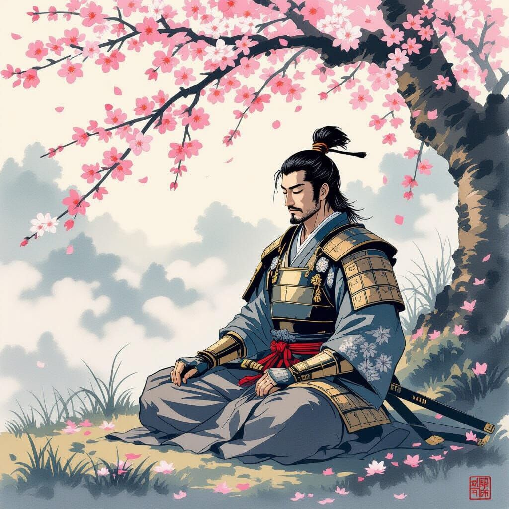 Samurai Meditating Under Cherry Blossoms in Japanese Art Sty...