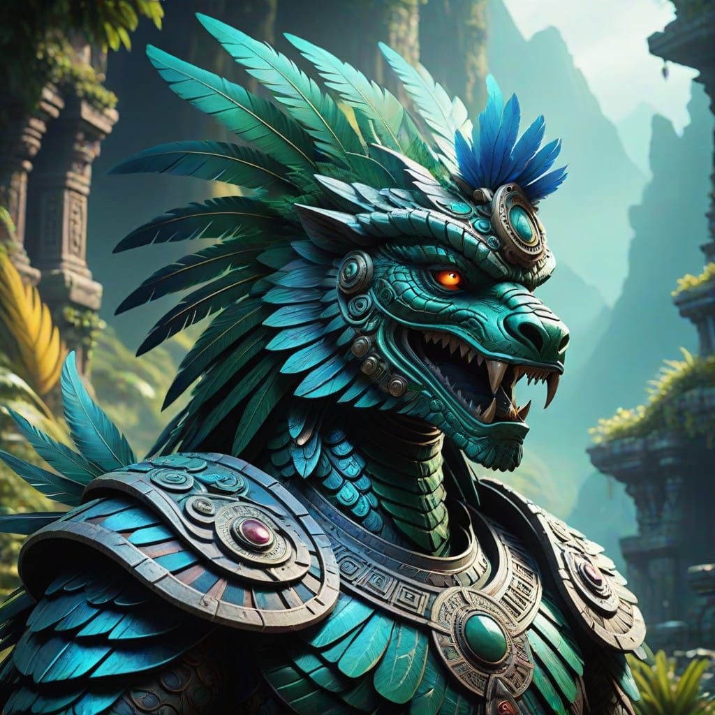 Surreal Aztec God in Grand Fantasy Landscape Painting