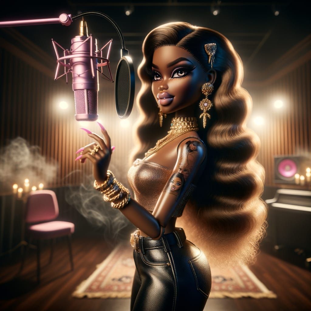 African American Woman Rapper in Recording Studio, Hyperreal...