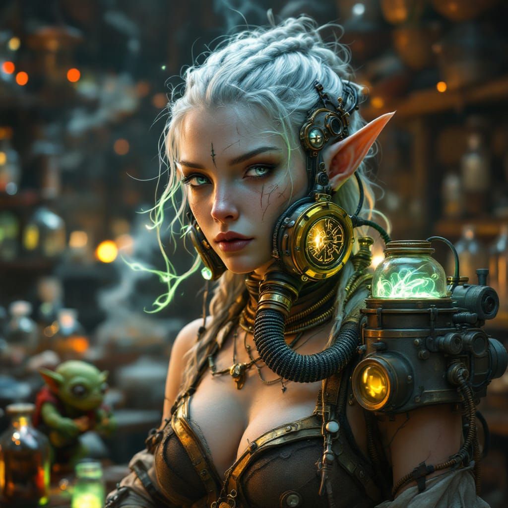 Elven Aether Refiner With Mechanical Eye and Goblin Apprenti...