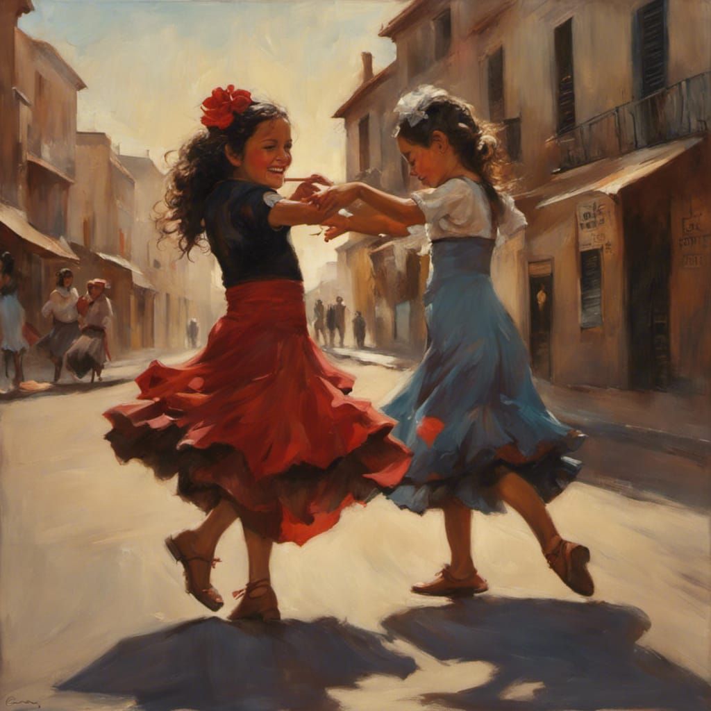 Flamenco Dance: Two Girls in a Street Scene