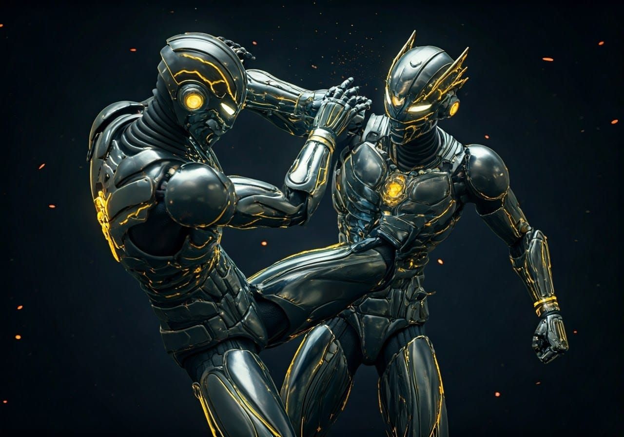 Electric Japanese Robots Fighting in Hyper-Realistic Artwork