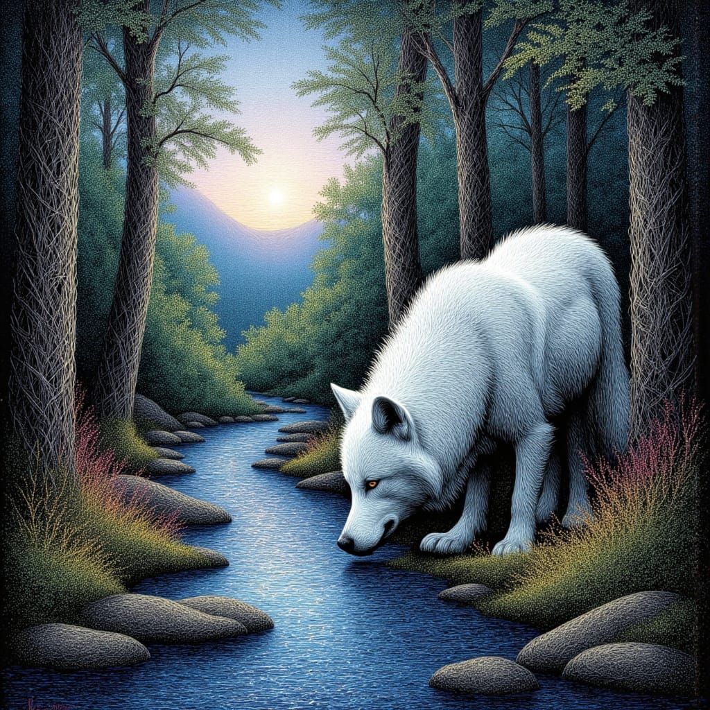 White Wolf Drinks in Enchanted Forest