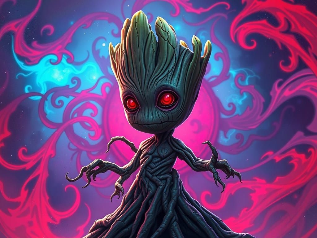 Mystical Baby Groot in Dreamlike Dark Fantasy Style