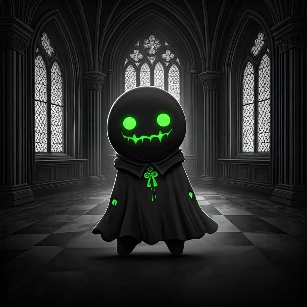 Chibi Ghost in Gothic Hall with Green Highlights