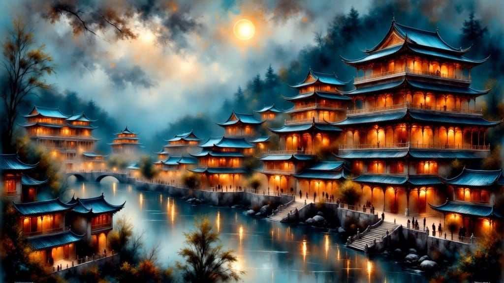 Vast Chinese Mansion in Ink Wash Style Under Moonlight