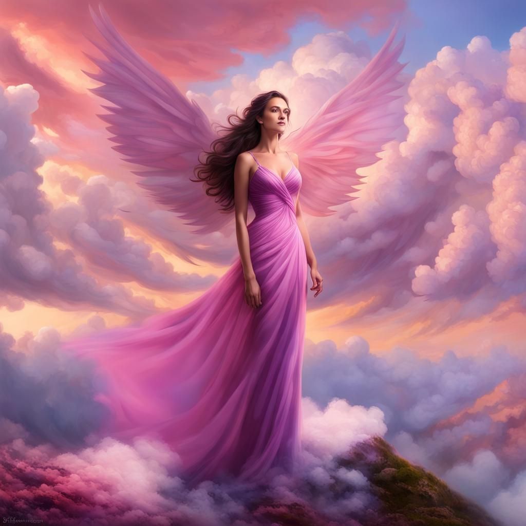 Woman with Pink Wings on Mountain Top