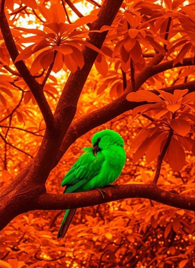 Neon Bird in Orange Tree, Modern Art Style