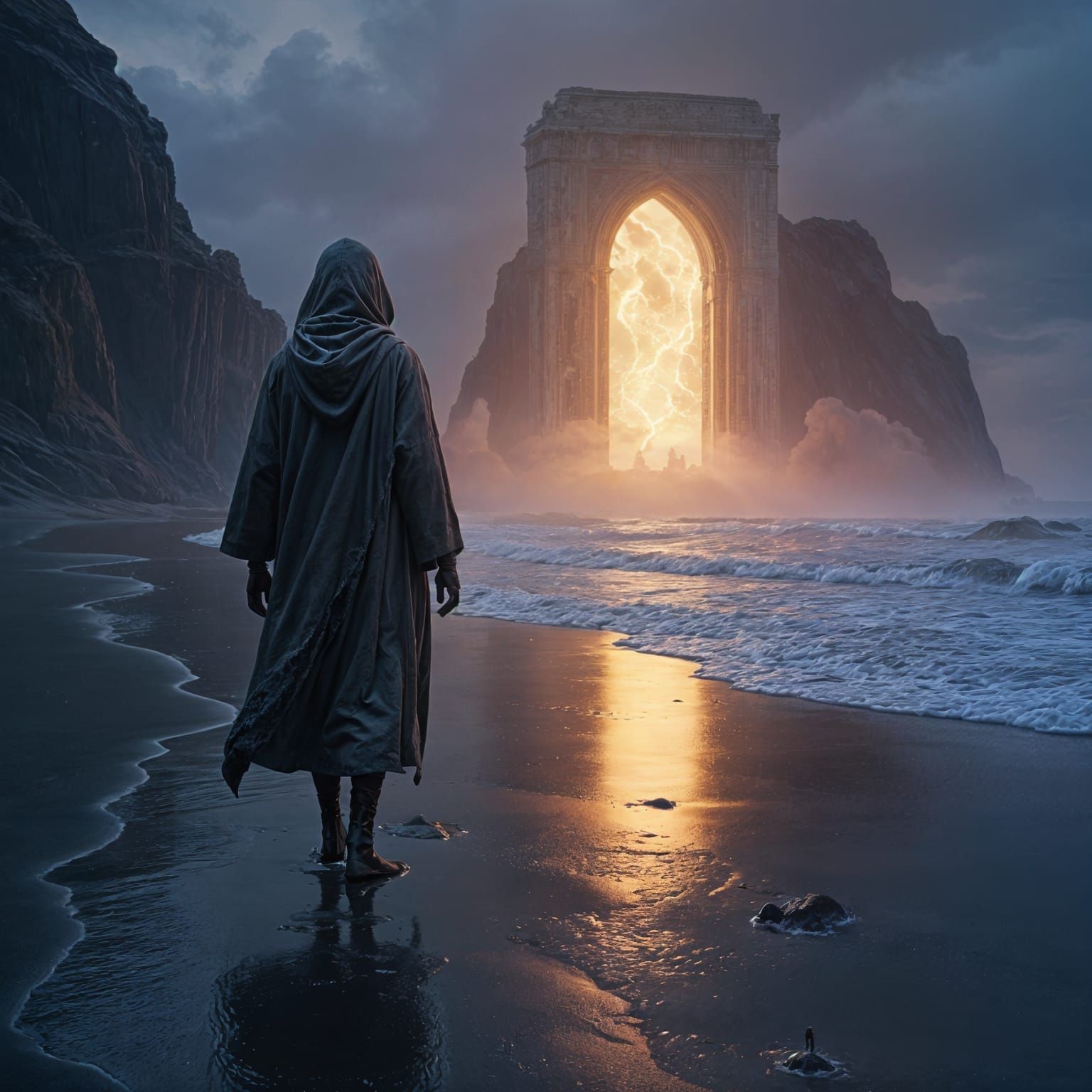 Mysterious Portal on Desolate Beach: Dark Fantasy Art