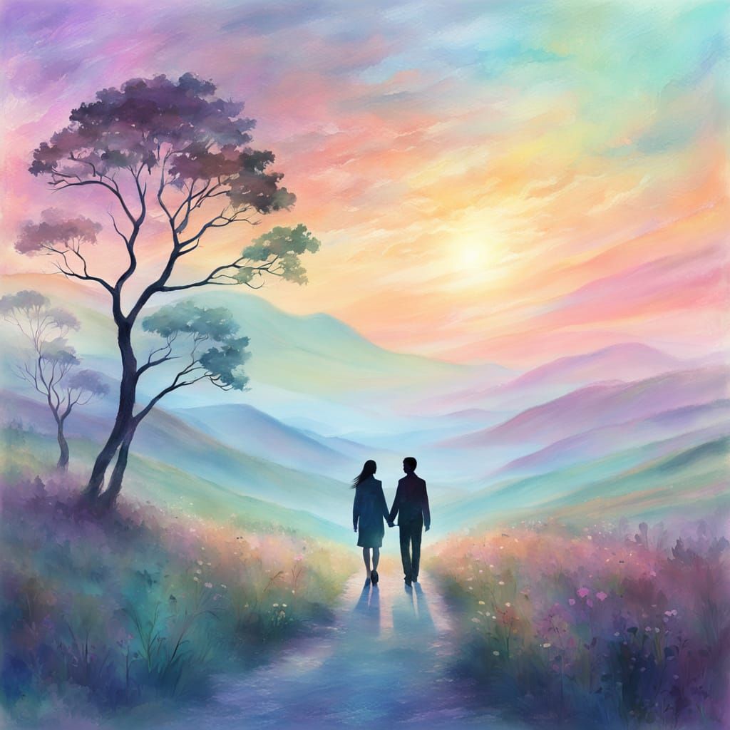 Couple's Silhouette in a Pastel Dreamscape