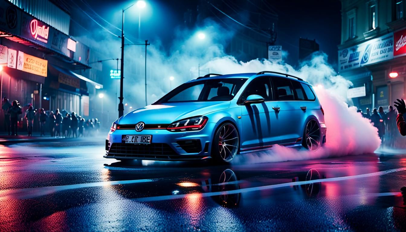 Modified VW Golf 7R Drifting on Foggy Street