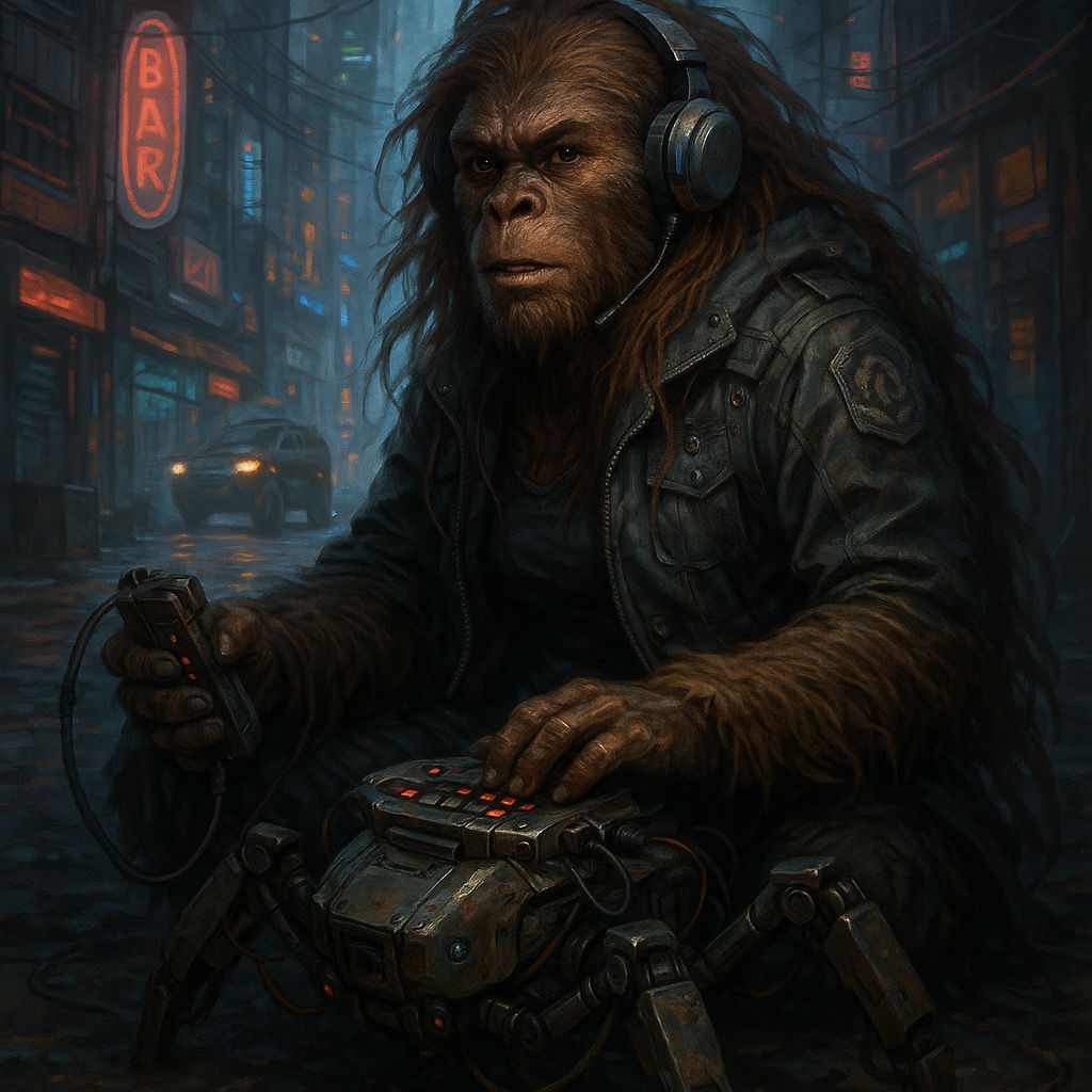 Shadowrun Female Sasquatch Rigger in Cyberpunk Style