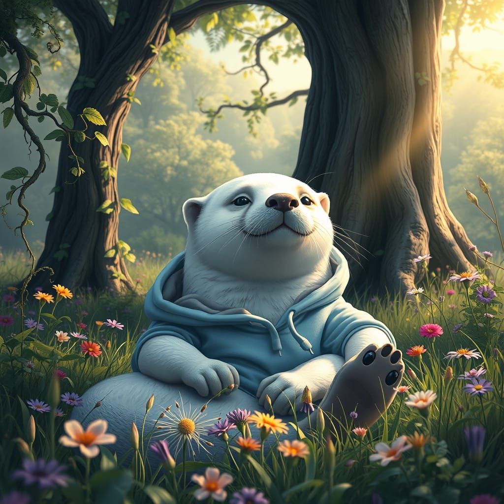 Serene White Otter in Vibrant Meadow