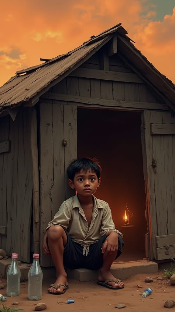 Weathered Wooden Hut at Sunset in Fantasy Landscape