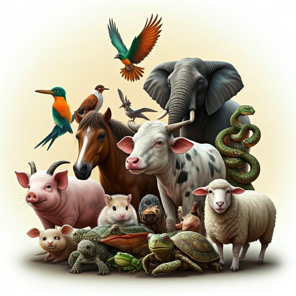 Vibrant Menagerie of Realistic Animals in Hyper-Realistic St...