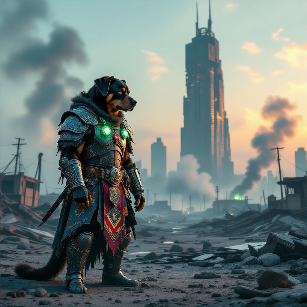 Rottweiler Warrior in Post-Apocalyptic Wasteland