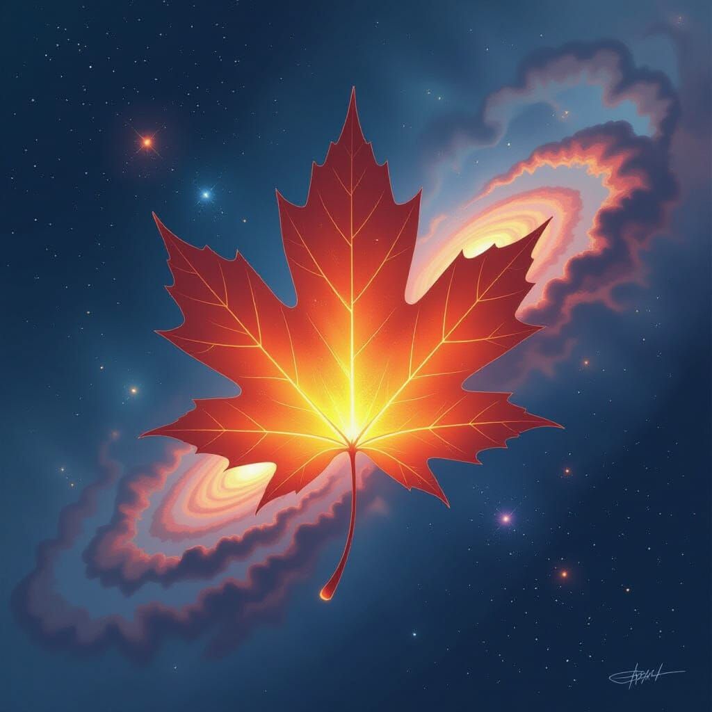 Glowing Maple Leaf in Ethereal Cosmic Void