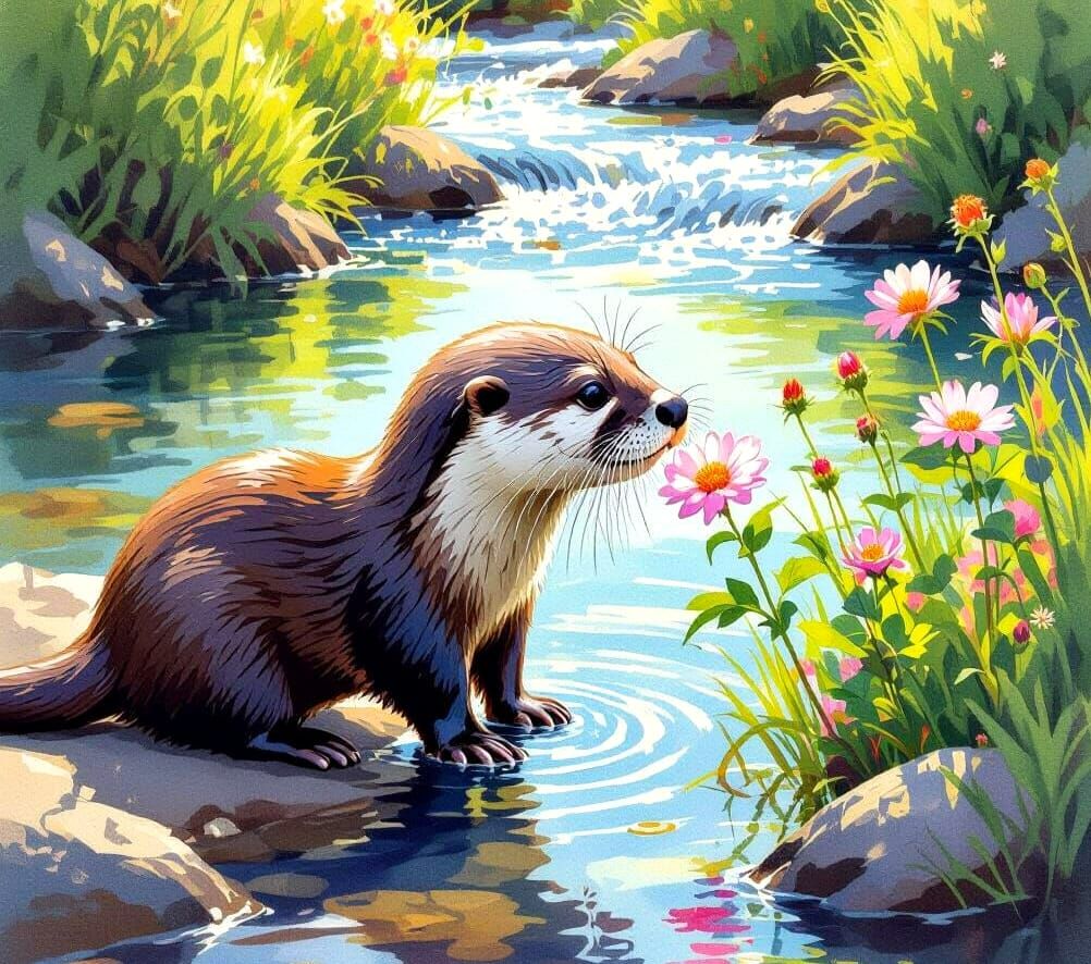 Cute Otter Sniffing Flower by Stream