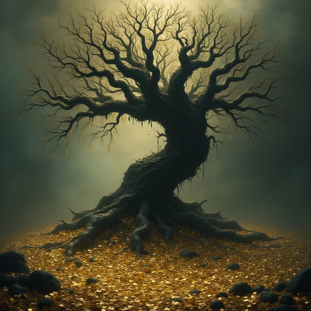 Dark Money Tree: Surrealist Depiction of Wealth's Influence