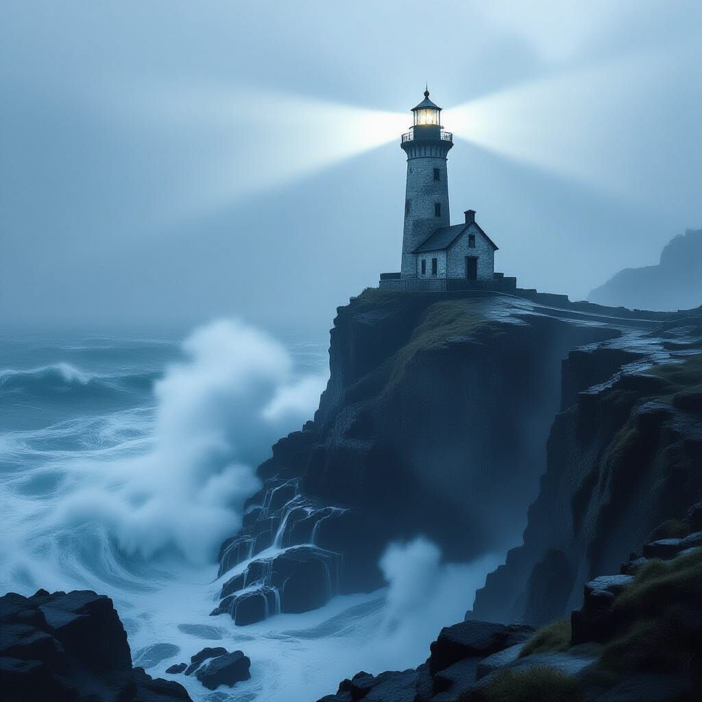 Lighthouse Beam Pierces Fog Over Stormy, Star-Filled Ocean