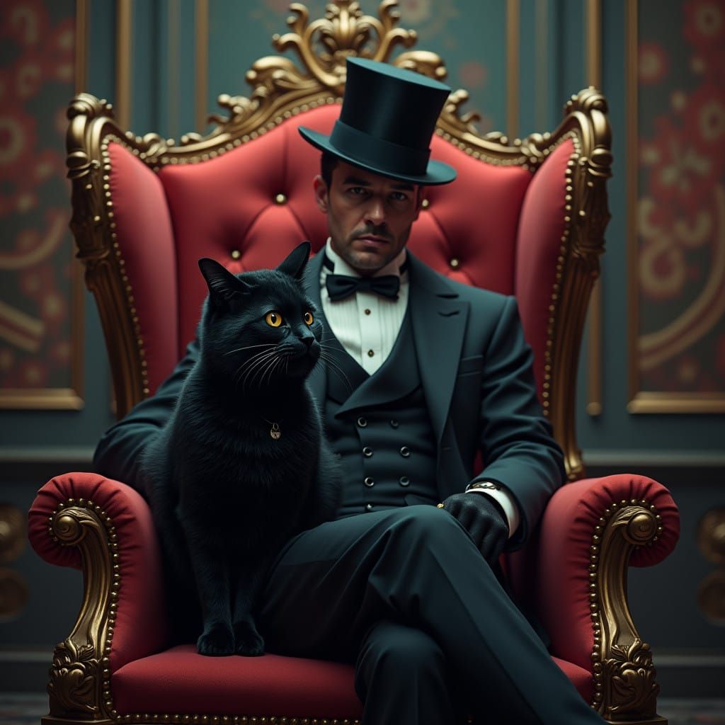 Regal Black Cat Awaits Powerful Tycoon in Lavish Fantasy Sce...