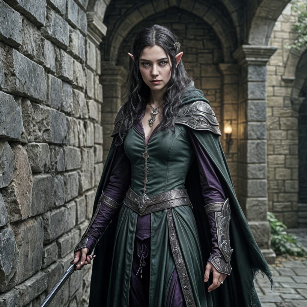 Elven Rogue in Torchlit Corridor, Digital Art