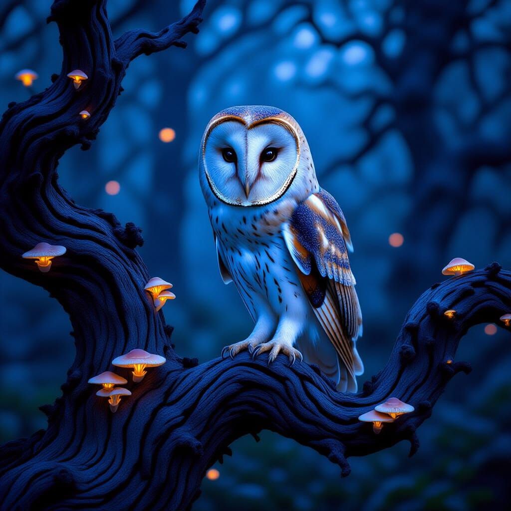 Majestic Barn Owl with Molten Gold Eyes in Twilight Forest